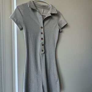 Shimmering Silver Button-Up Jumpsuit Swim Cover Up